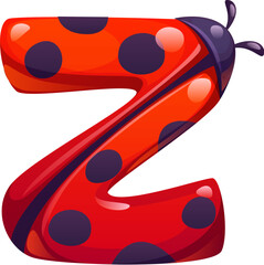 Ladybug insect cartoon font letter Z. Red ladybird cartoon typeset symbol, garden lady bug vector English alphabet type sign. Spring insect kids ABC typeface element or font letter