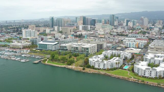 Aerial view of urban Oakland California downtown, buildings, residence, homes 19