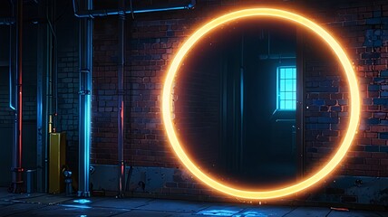 Glowing Circle on Brick Wall in Dark Room with Window