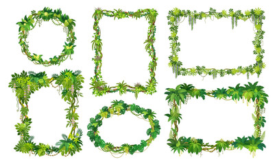 Jungle tropical forest liana frames with green leaves and plant branches vector border lines. Square, round and oval frames with cartoon floral borders of tropical forest branches, lianas and flowers