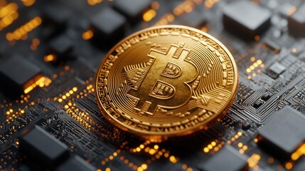 Golden cryptocurrency coin rests on a circuit board, glowing with digital energy