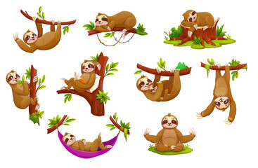 Cartoon lazy sloth animals, funny cute characters in relaxed and playful poses hanging from branches, meditating, sleeping, reading and lounging in a hammock, captures the slow and carefree lifestyle