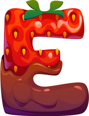 Candy font, sweet dessert type of cartoon confectionery strawberry in chocolate, vector typeface. Candy dessert font English alphabet letter E, chocolate confection type of choco candy with berry