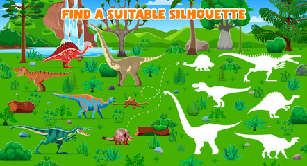 Kids game, find the correct shadow of prehistoric dinosaurs. Shadow match riddle or quiz, silhouette find kids game or puzzle vector worksheet with various dinosaurs cute cartoon characters on meadow © Vector Tradition