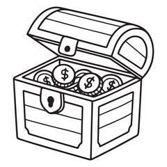 A charming uncolored outline of a pirate chest with coins inside, created for a coloring book.