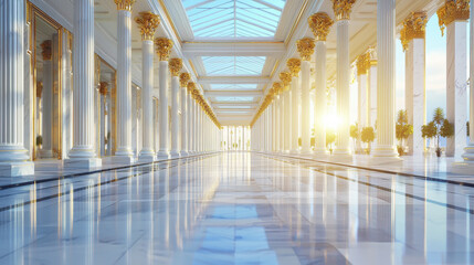 grand hall with marble floors and golden columns, illuminated by sunlight. elegant architecture creates luxurious atmosphere