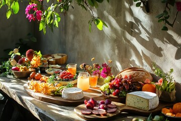 Abundant outdoor table laden with cheese, fruits, bread, drinks, and flowers, bathed in dappled sunlight.