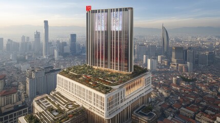 Contemporary skyscraper with green roof against city aerial cityscape showcasing urban development and architectural innovation excellence
