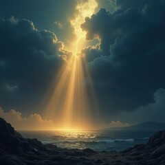 Golden ray pierces ominous grey, illuminating hidden blue , breakthrough, breakthrough