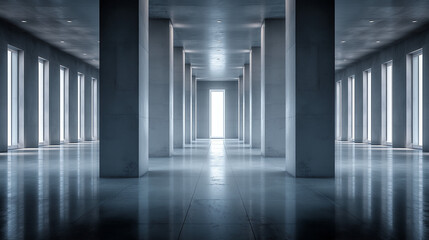 Fototapeta premium Modern concrete hall with towering columns and luminous windows, embodying architectural minimalism and serene grandeur.