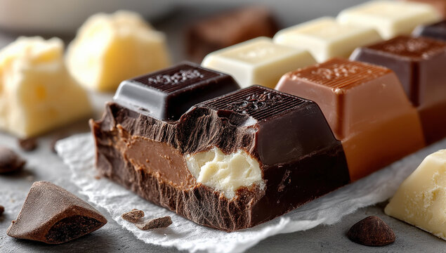 A closeup shot of a broken milk chocolate bar revealing layers of dark milk and white chocolate.  Surrounding it are loose chocolate pieces showcasing a delicious and tempting confecti : Generative AI