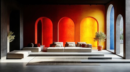 Modern lounge area with arched alcoves and vibrant color gradients.  Elevated seating, potted plant, and natural light fill a spacious, contemporary interior
