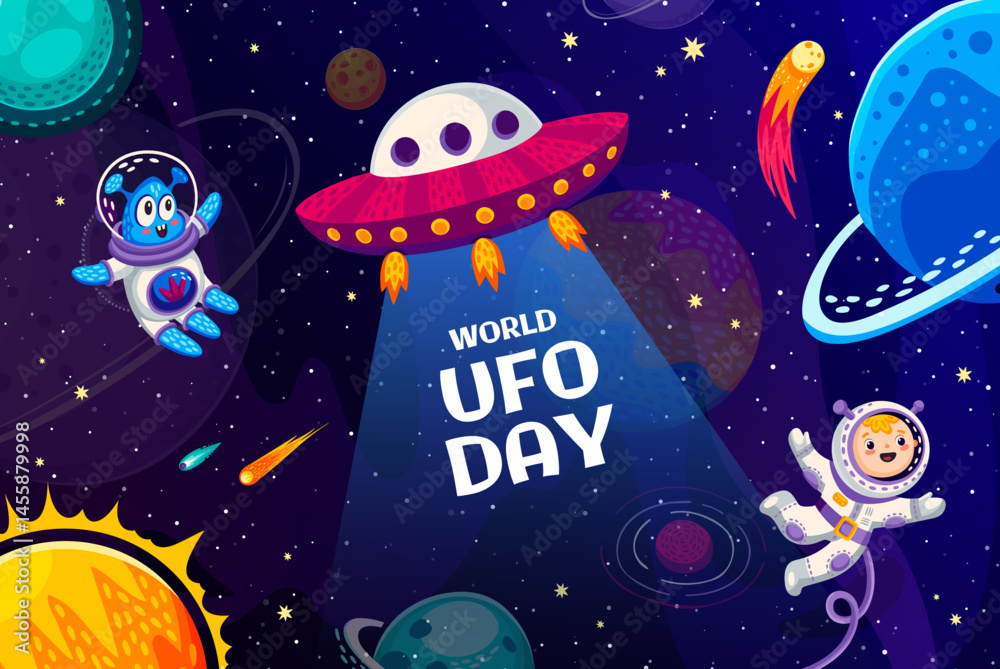 Poster world ufo day banner, cartoon flying saucer, alien and kid astronaut characters in outer space. vect