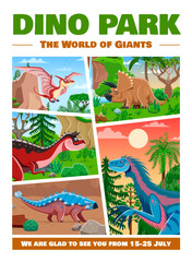 Dino park retro poster or flyer with cartoon prehistoric dinosaur characters collage. Paleontology dino park vector poster with pteranodon, triceratops, carnotaurus and therizinosaurus, ankylosaurus © Vector Tradition
