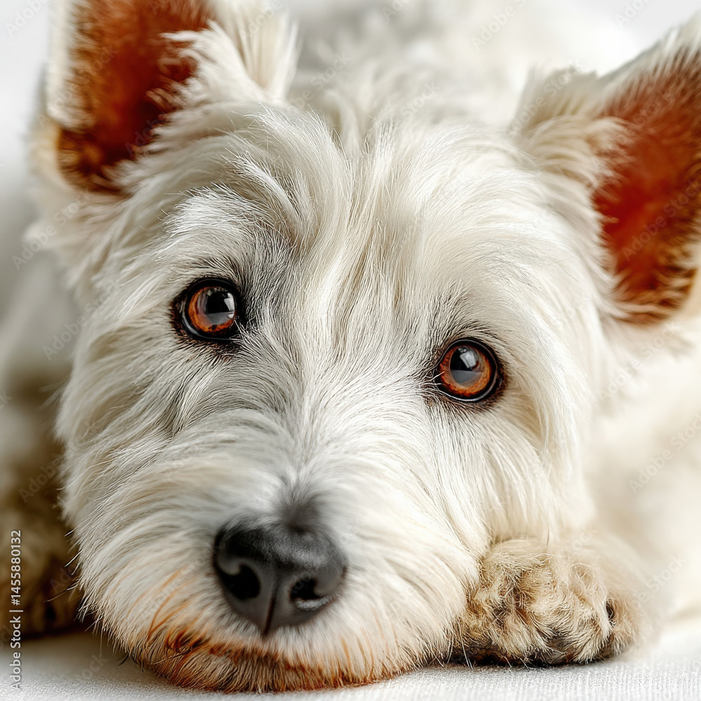 Aufkleber closeup portrait of a west highland white terrier a small fluffy dog with expressive amber eyes rest