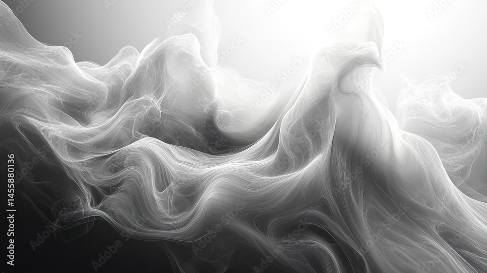 Wall mural abstract patterns of swirling smoke in shades of gray and white, creating ethereal and dynamic compo