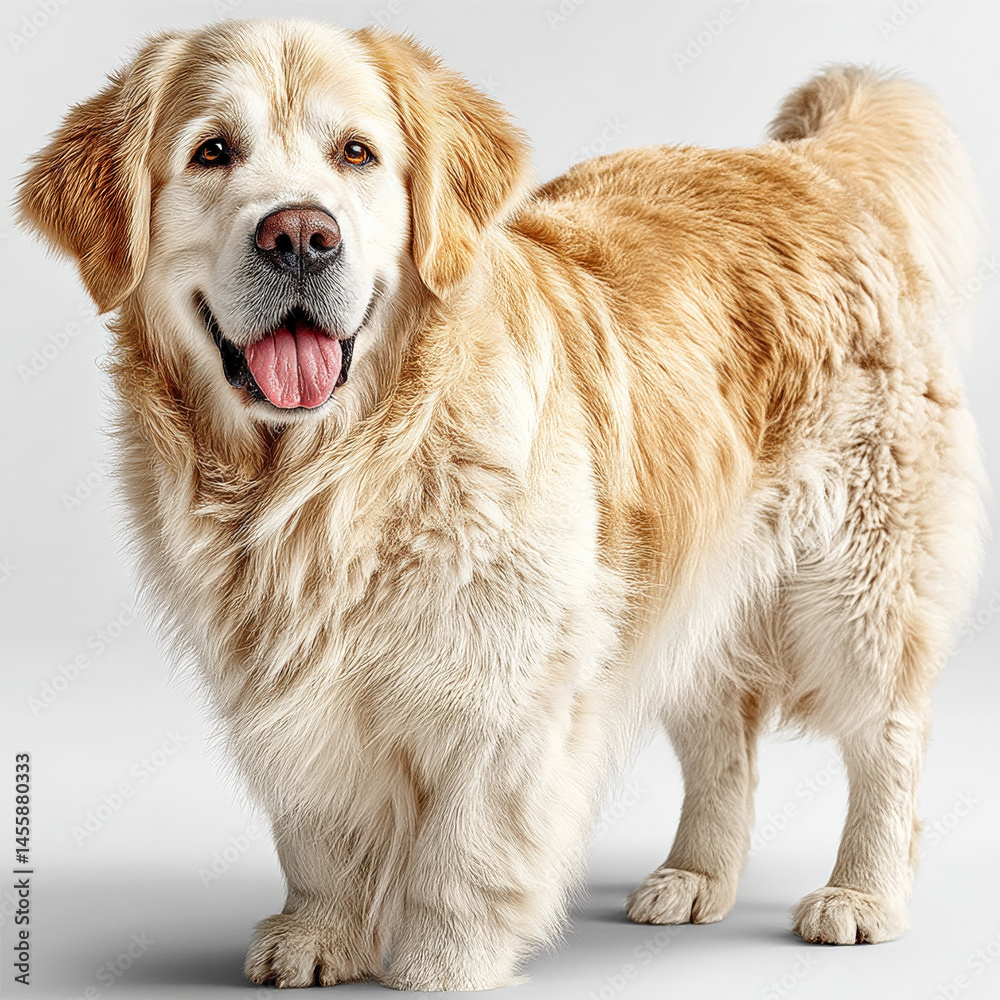 Poster a happy fluffy golden retriever dog stands on a light gray background tongue out showcasing its thic