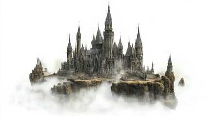 Majestic Castle on a Misty Mountain Top Surrounded by Clouds
