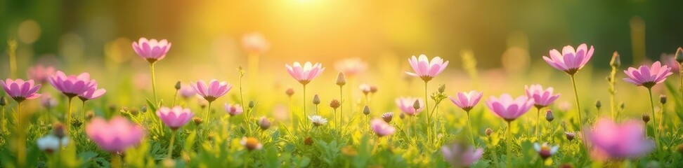 Fototapeta premium Soft pink wildflowers carpet a sun-drenched meadow , sunlight, background, vibrant