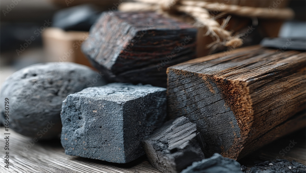 Aufkleber closeup view of various charcoal briquettes and dark wood blocks arranged on a rustic wooden surface