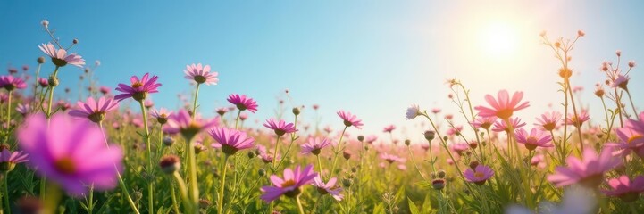 Sun-drenched field of wildflowers, soft pink and purple hues against clear blue sky , picturesque, pastel
