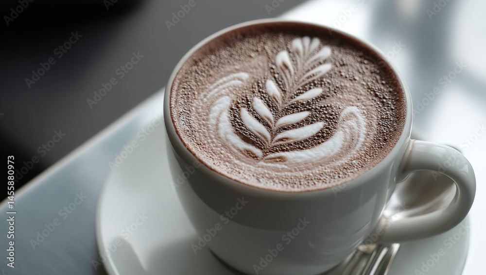 Poster aromatic hot chocolate in a white cup featuring intricate latte art resembling a delicate fern leaf 