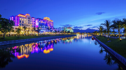 stunning waterfront view of vibrant cityscape at dusk, showcasing colorful lights reflecting on calm water