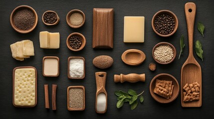 Assortment of artisanal wooden kitchenware and food items arranged on a dark surface.  Includes cheese, spices, grains, and biscuits
