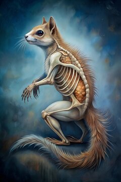 Zombie Squirrel: Cute, slightly skeletonized, showing off its left side against a night park and fog.