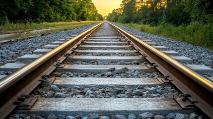 Fototapeta premium Tranquil Sunset Over Railway Tracks Surrounded by Lush Green Foliage and Scenic Landscape