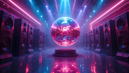 Neon Lights, Disco Ball, and Powerful Sound System A Retro-Futuristic 3D Render