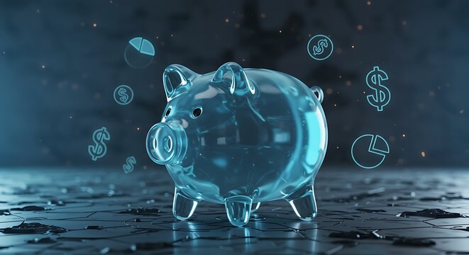 Futuristic Piggy Bank with Holographic Financial Icons
