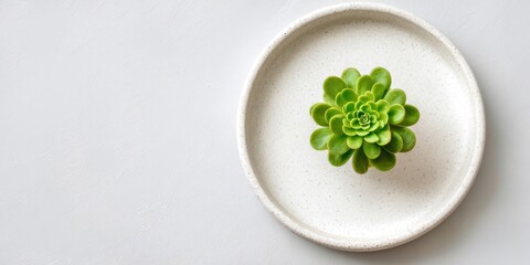 A small green plant sits on a white plate