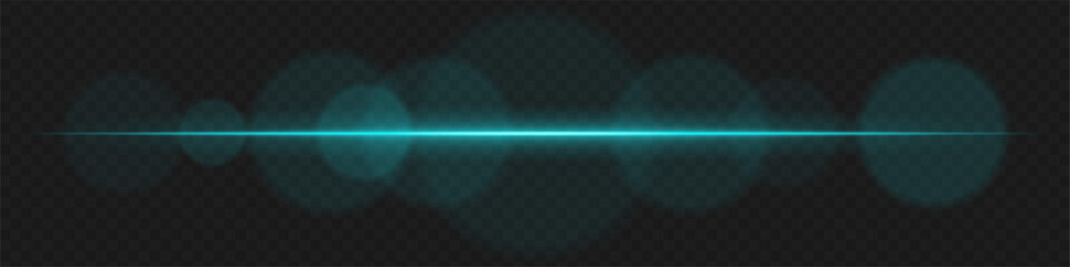 Blue horizontal lens flare with soft circular glow on transparent background. Abstract glowing beam ideal for sci-fi visuals, futuristic HUD elements, light effects.