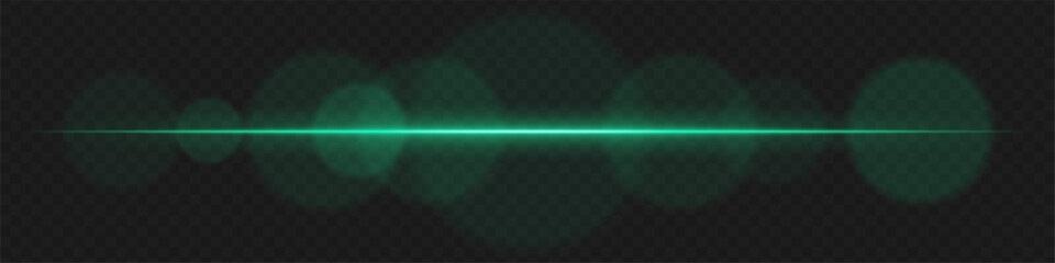Green horizontal neon lens flare with glowing bokeh rings. Isolated laser beam effect perfect for digital HUD, warning lights, tech visuals, sci-fi interface.