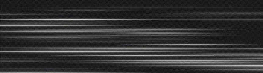White motion blur light streaks forming horizontal stripes on dark transparent background. Abstract speed lines for dynamic UI and fast-moving digital designs.