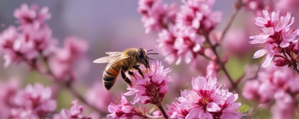 Busy bee collecting nectar from vibrant spring blossoms , green, plant
