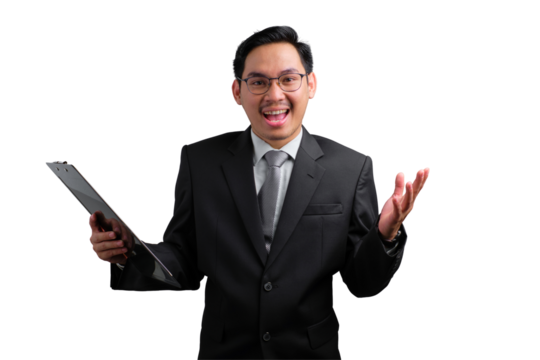 Handsome Asian businessman in suit holding clipboard and gesturing with hands, smiling, isolated on transparent background