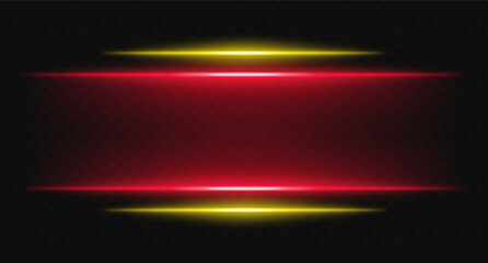 Fototapeta premium Red and yellow glowing horizontal beams on transparent background. Bright layered lights perfect for digital HUD, sci-fi UI borders, and visual accents.