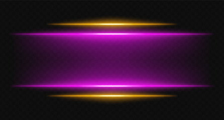 Purple and yellow glowing horizontal beams on transparent background. Bright layered lights perfect for digital HUD, sci-fi UI borders, and visual accents.