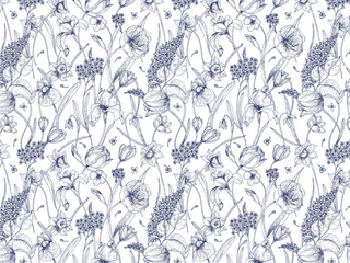 Bloom. Vintage floral seamless pattern. Spring flowers. Blue and white. Chinoiserie