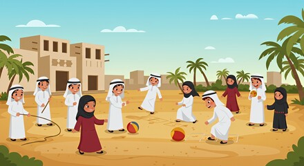 Arab Children Playing Traditional Games in a Desert Village