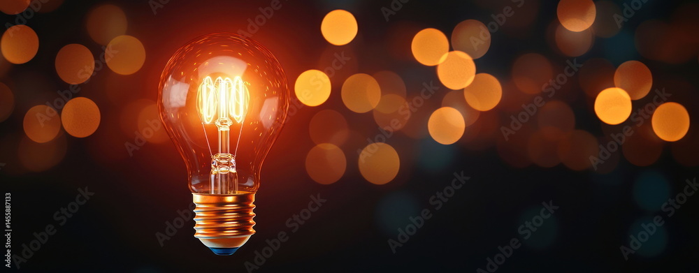 Aufkleber A glowing light bulb illuminates the darkness with warm light and blurred bokeh circles creating an inspiring visual effect overall.