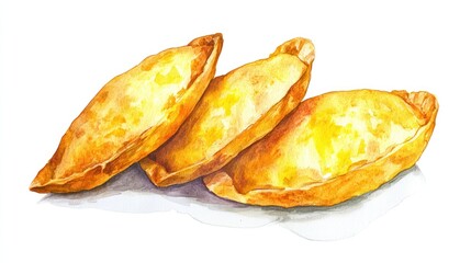Three golden brown baked pastries watercolor painting
