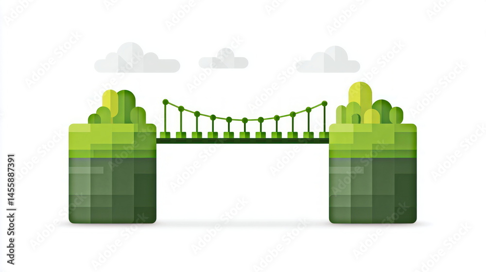 Aufkleber an isolated green bridge structure with blocky design connects two land masses beneath fluffy clouds