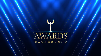 Dark blue luxury awards graphics background with light neon elegant shine spotlight effects. Premium corporate abstract design template. Banner certificate dynamic shape