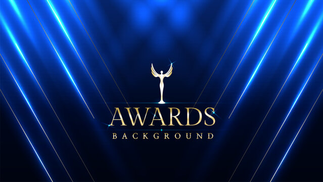 Dark blue luxury awards graphics background with light neon elegant shine spotlight effects. Premium corporate abstract design template. Banner certificate dynamic shape