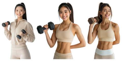 PNG Women exercising with dumbbells, element set on transparent background