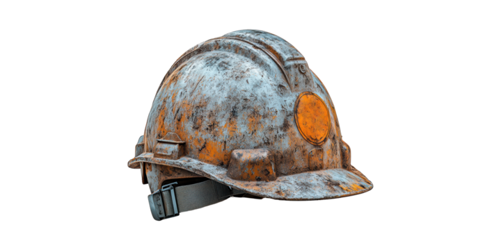 Rusty Construction Hard Hat. Symbol Of Industrial Safety And Wear Isolated On Transparent Background