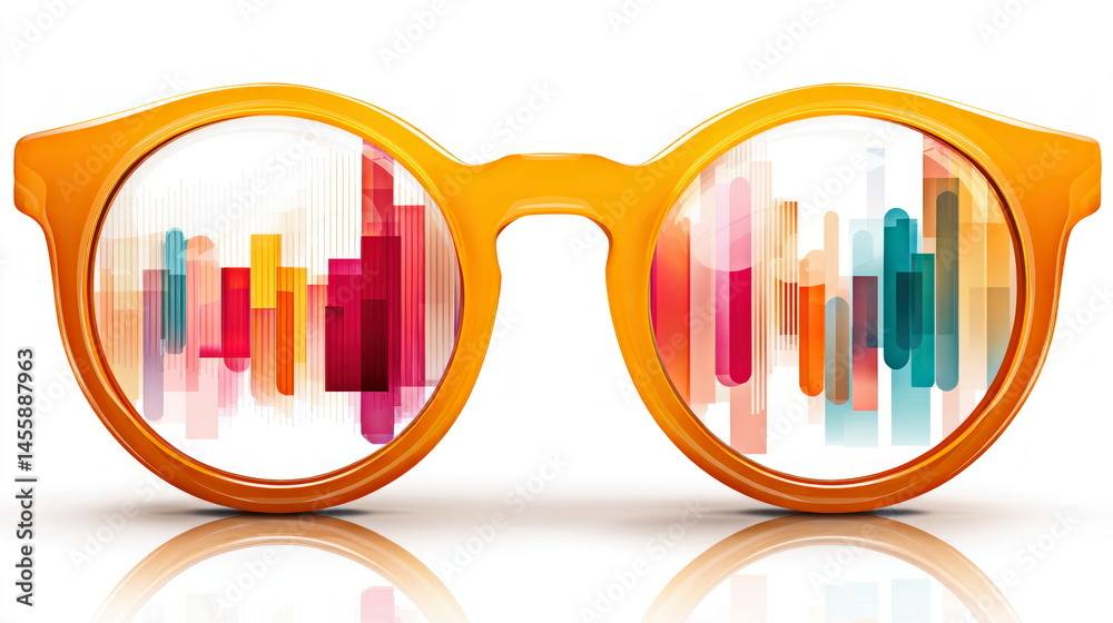 Poster Bright yellow eyeglasses reflect colorful abstract geometric patterns in the lenses on a clean white surface creating a whical modern design.